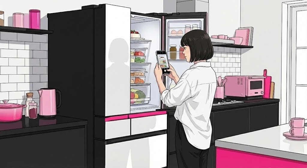 冷蔵庫を撮影する女性